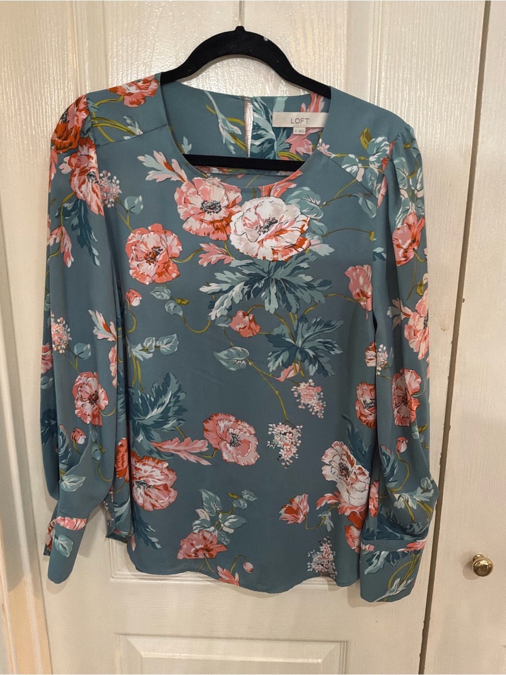 LOFT Teal Floral Long-Sleeve Blouse with Pink Coral Flowers